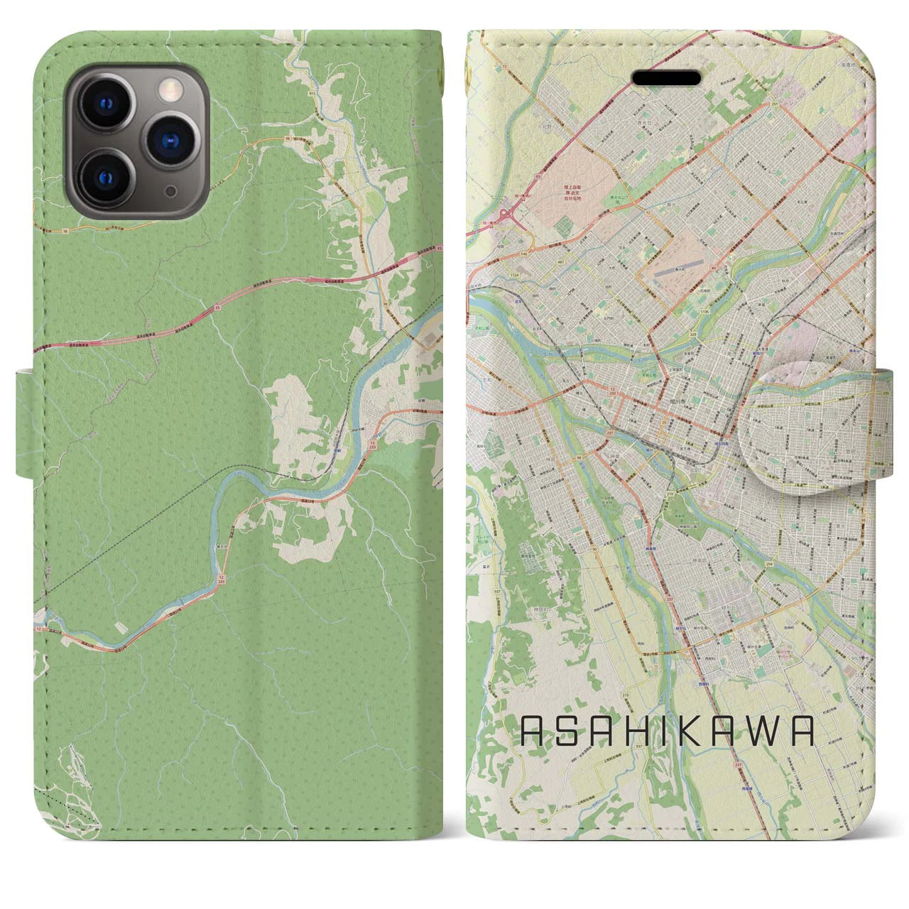 【旭川】地図柄iPhoneケース（手帳両面タイプ・ナチュラル）iPhone 11 Pro Max 用