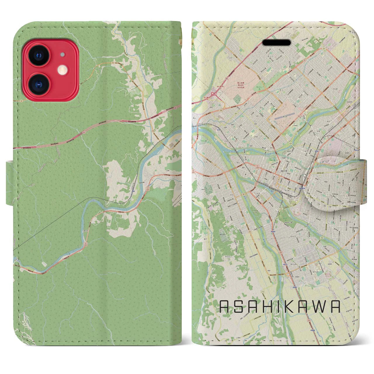 【旭川】地図柄iPhoneケース（手帳両面タイプ・ナチュラル）iPhone 11 用