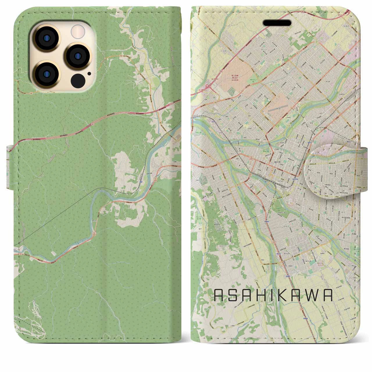 【旭川】地図柄iPhoneケース（手帳両面タイプ・ナチュラル）iPhone 12 Pro Max 用