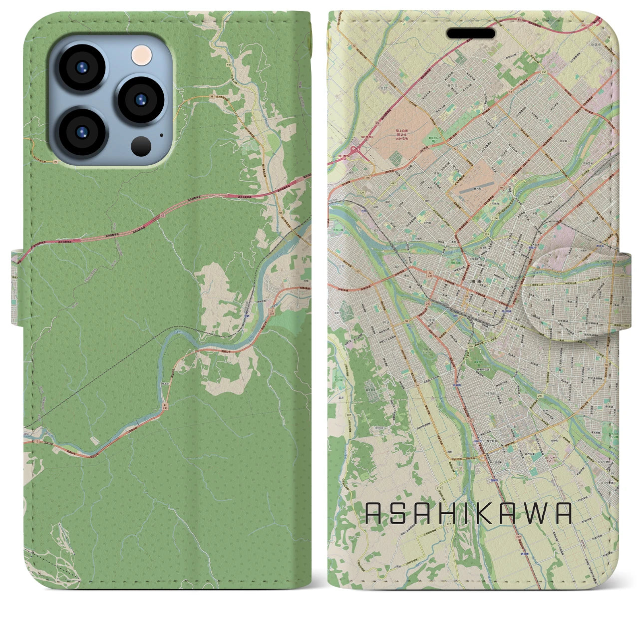 【旭川】地図柄iPhoneケース（手帳両面タイプ・ナチュラル）iPhone 13 Pro Max 用