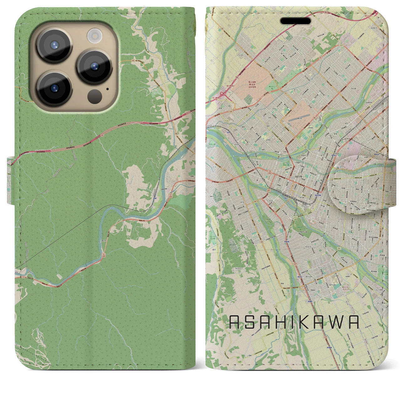 【旭川】地図柄iPhoneケース（手帳両面タイプ・ナチュラル）iPhone 14 Pro Max 用