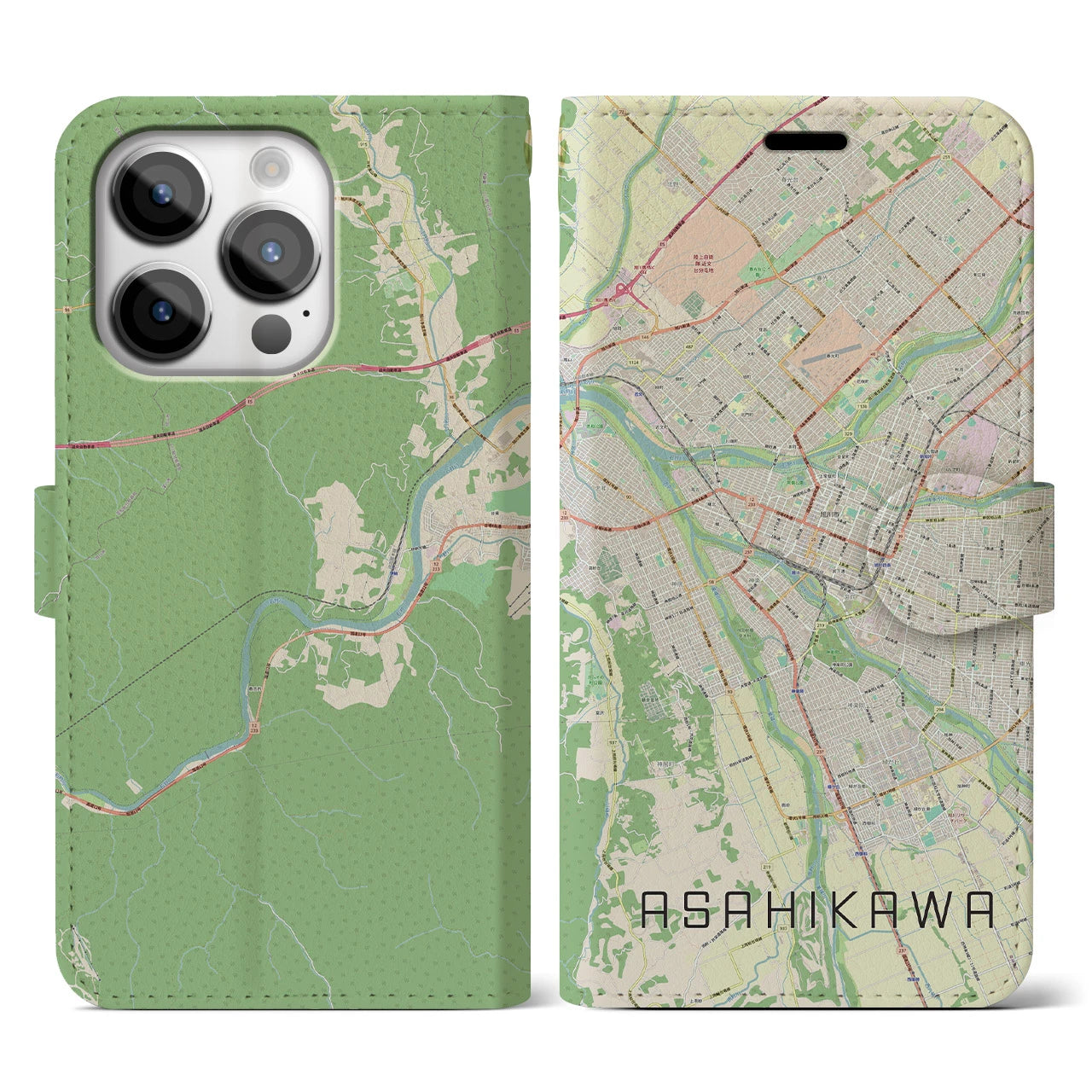 【旭川】地図柄iPhoneケース（手帳両面タイプ・ナチュラル）iPhone 14 Pro 用