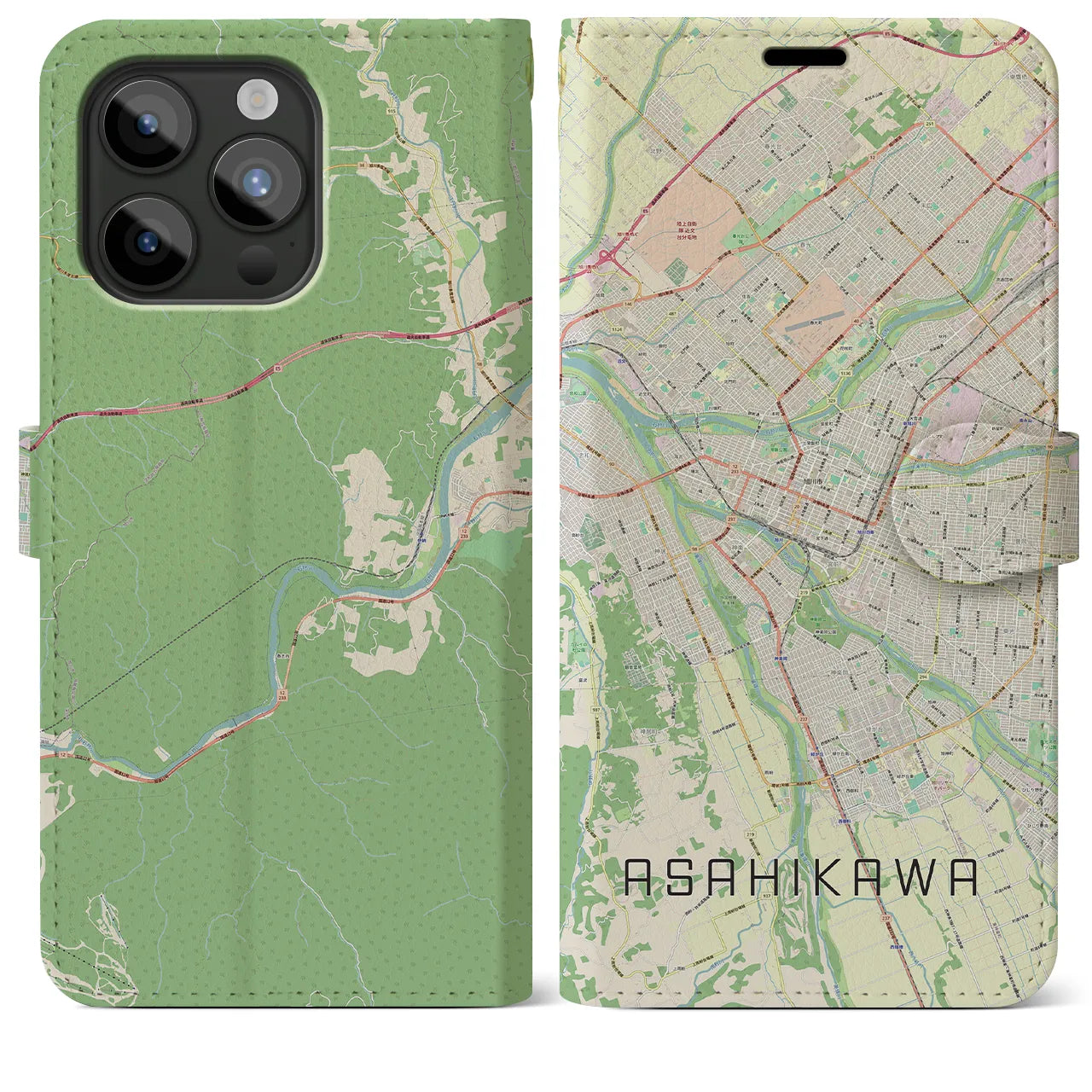 【旭川】地図柄iPhoneケース（手帳両面タイプ・ナチュラル）iPhone 15 Pro Max 用