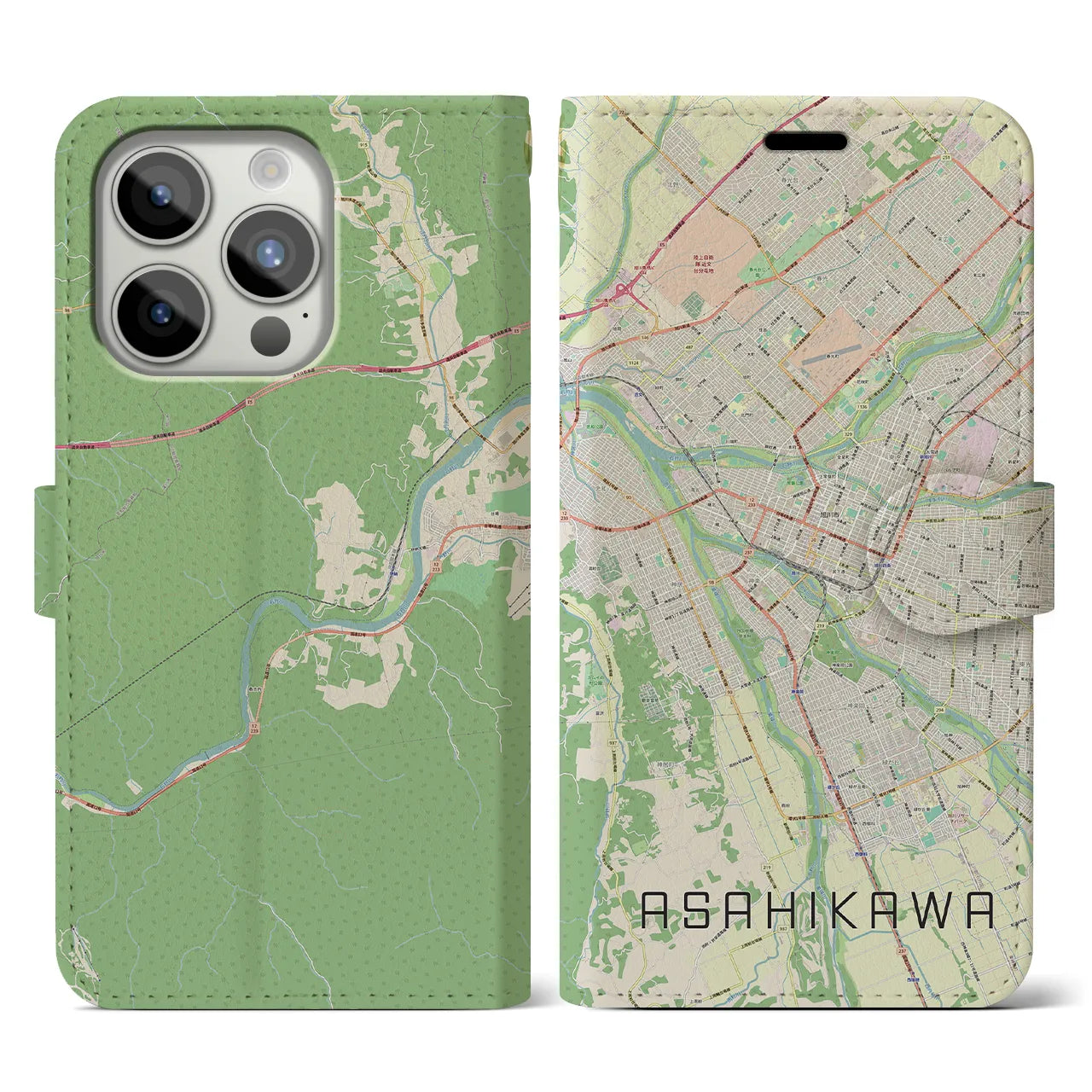 【旭川】地図柄iPhoneケース（手帳両面タイプ・ナチュラル）iPhone 15 Pro 用