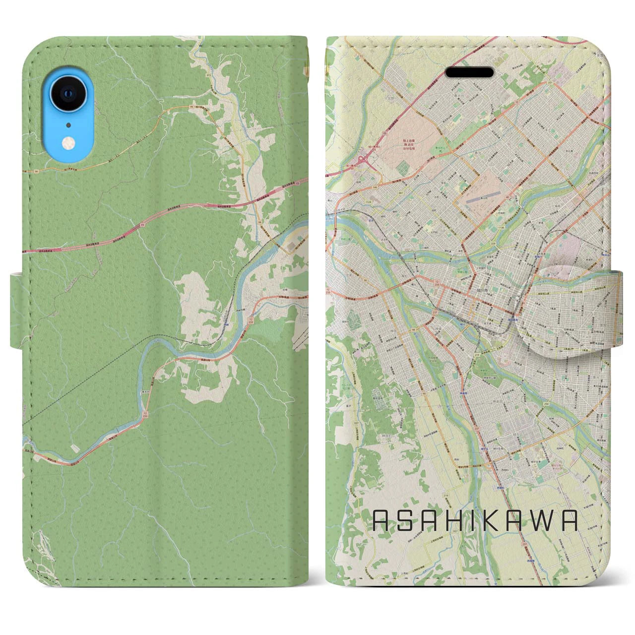 【旭川】地図柄iPhoneケース（手帳両面タイプ・ナチュラル）iPhone XR 用