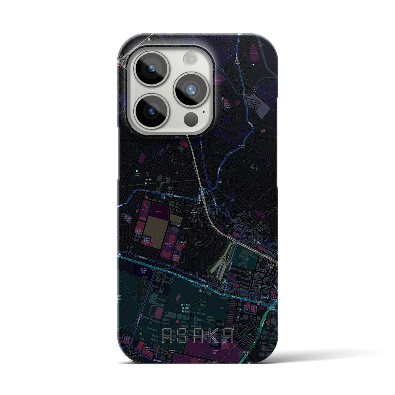 【朝霞】地図柄iPhoneケース（バックカバータイプ・ブラック）iPhone 15 Pro 用