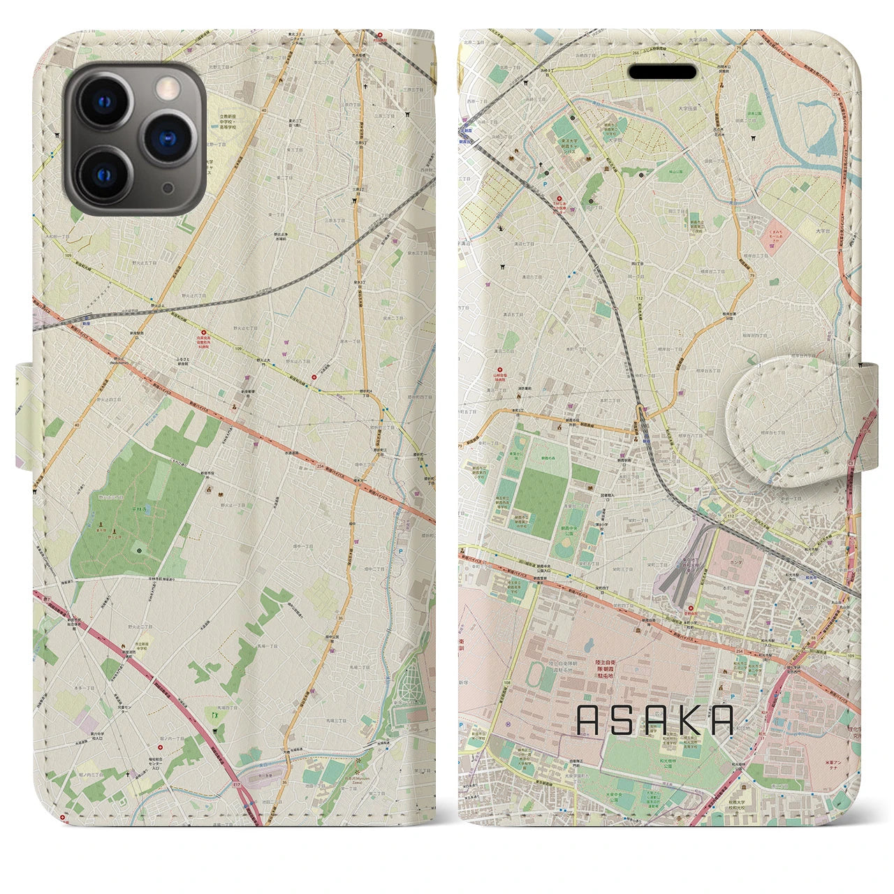 【朝霞】地図柄iPhoneケース（手帳両面タイプ・ナチュラル）iPhone 11 Pro Max 用
