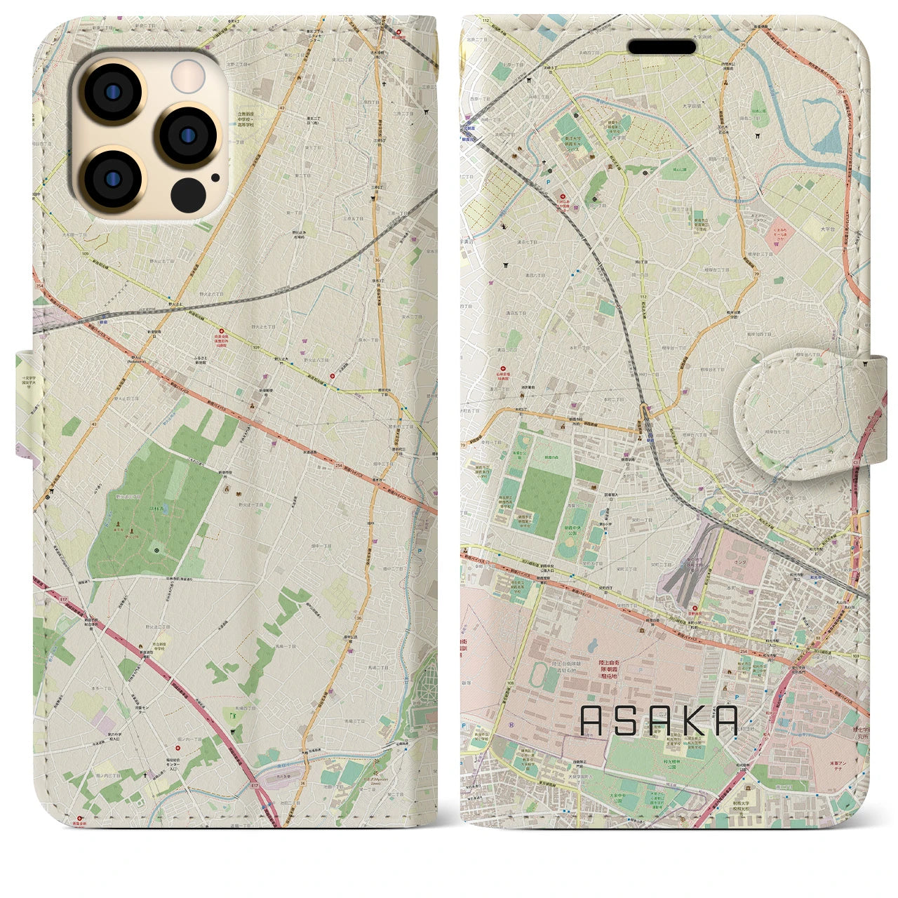 【朝霞】地図柄iPhoneケース（手帳両面タイプ・ナチュラル）iPhone 12 Pro Max 用