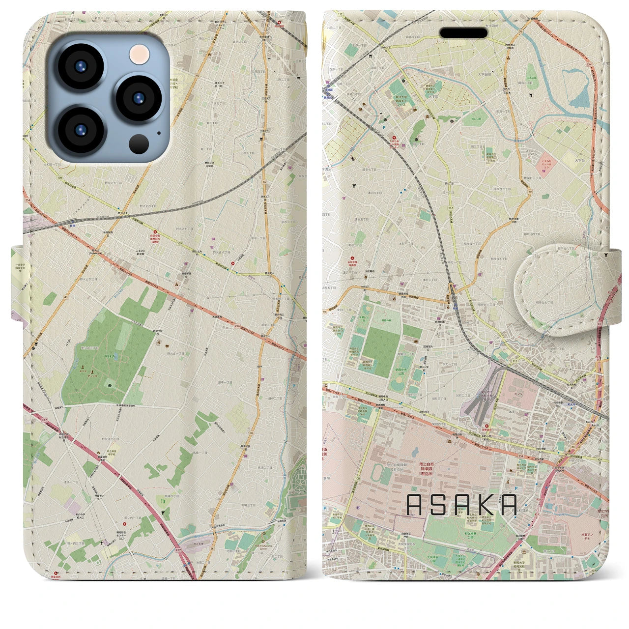 【朝霞】地図柄iPhoneケース（手帳両面タイプ・ナチュラル）iPhone 13 Pro Max 用