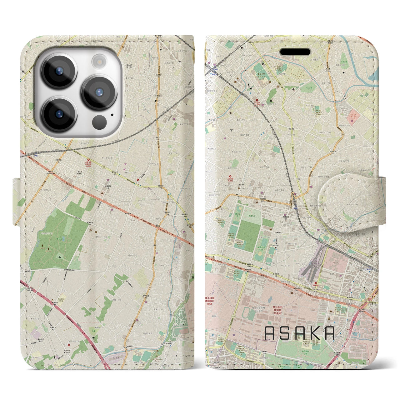 【朝霞】地図柄iPhoneケース（手帳両面タイプ・ナチュラル）iPhone 14 Pro 用