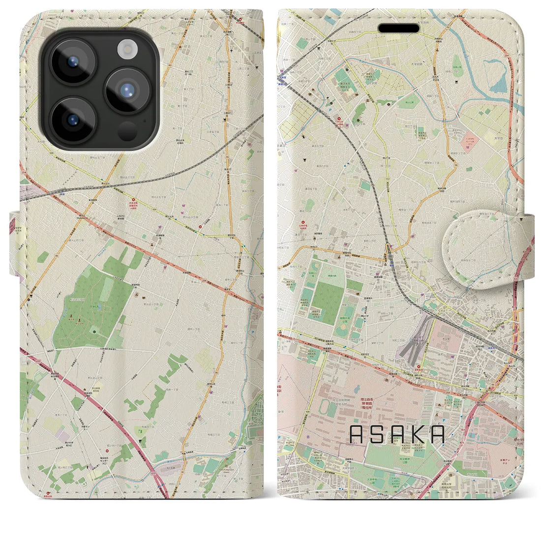 【朝霞】地図柄iPhoneケース（手帳両面タイプ・ナチュラル）iPhone 15 Pro Max 用