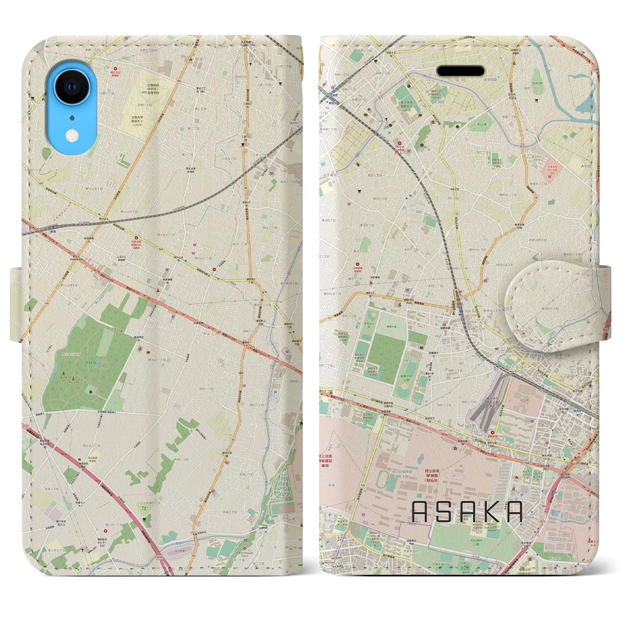【朝霞】地図柄iPhoneケース（手帳両面タイプ・ナチュラル）iPhone XR 用