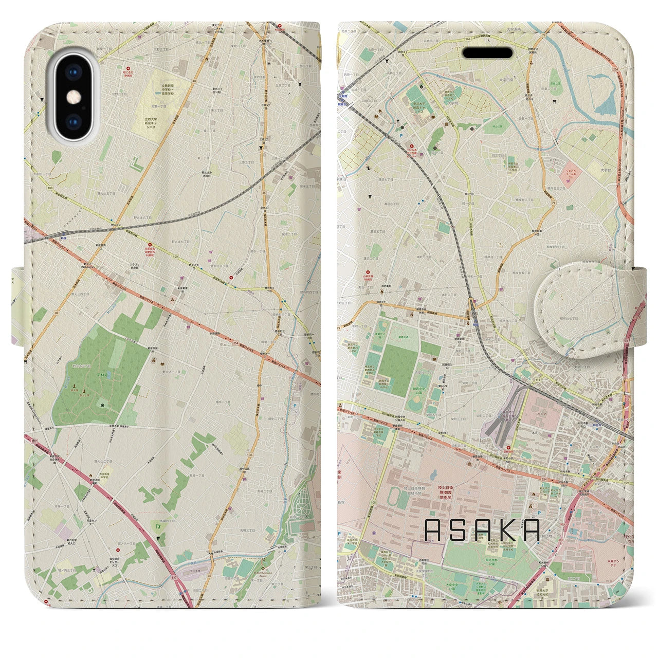 【朝霞】地図柄iPhoneケース（手帳両面タイプ・ナチュラル）iPhone XS Max 用