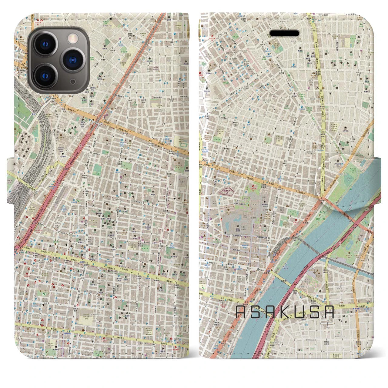 【浅草2】地図柄iPhoneケース（手帳両面タイプ・ナチュラル）iPhone 11 Pro Max 用