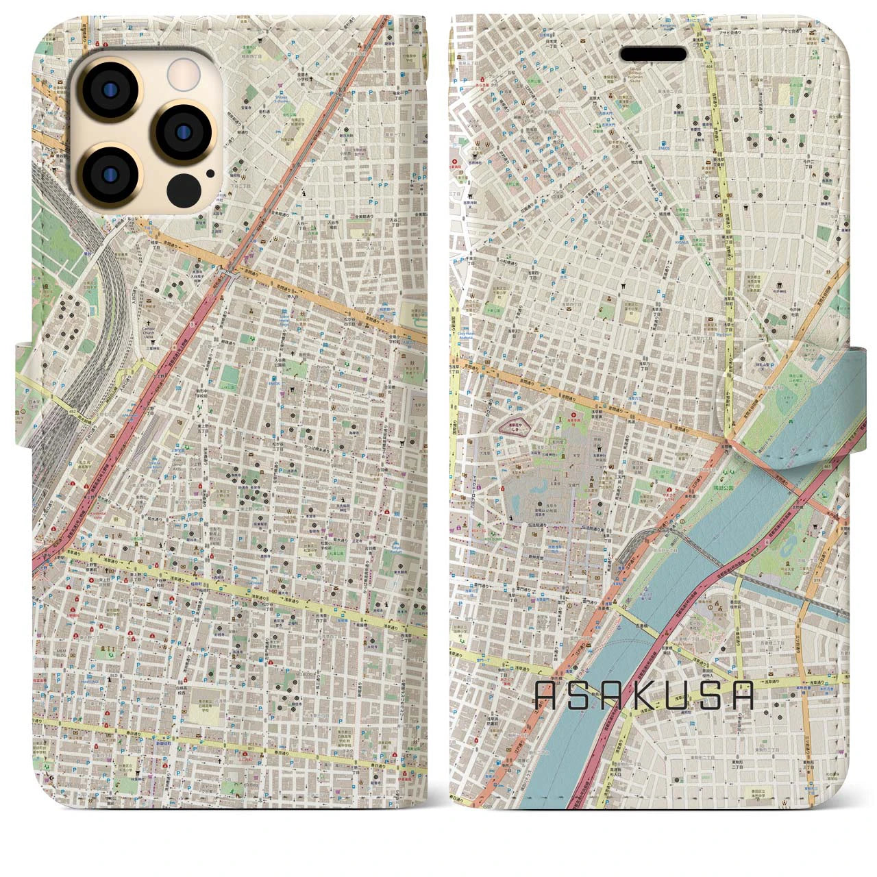 【浅草2】地図柄iPhoneケース（手帳両面タイプ・ナチュラル）iPhone 12 Pro Max 用