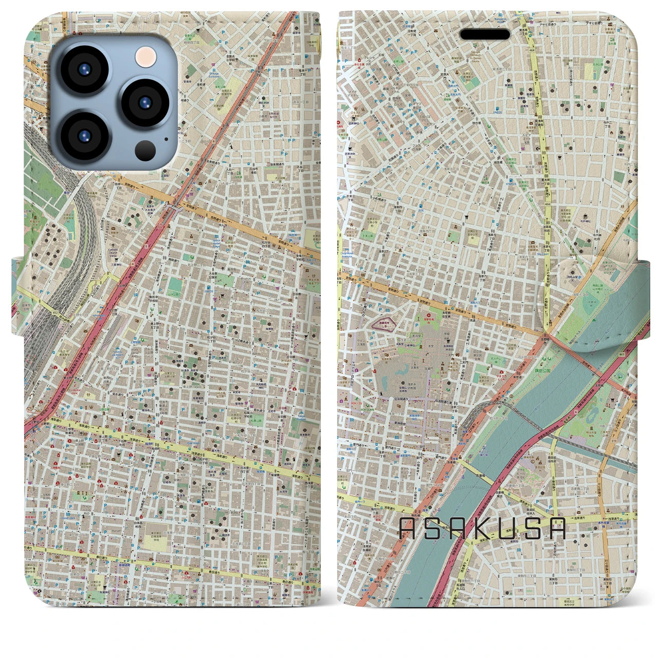 【浅草2】地図柄iPhoneケース（手帳両面タイプ・ナチュラル）iPhone 13 Pro Max 用