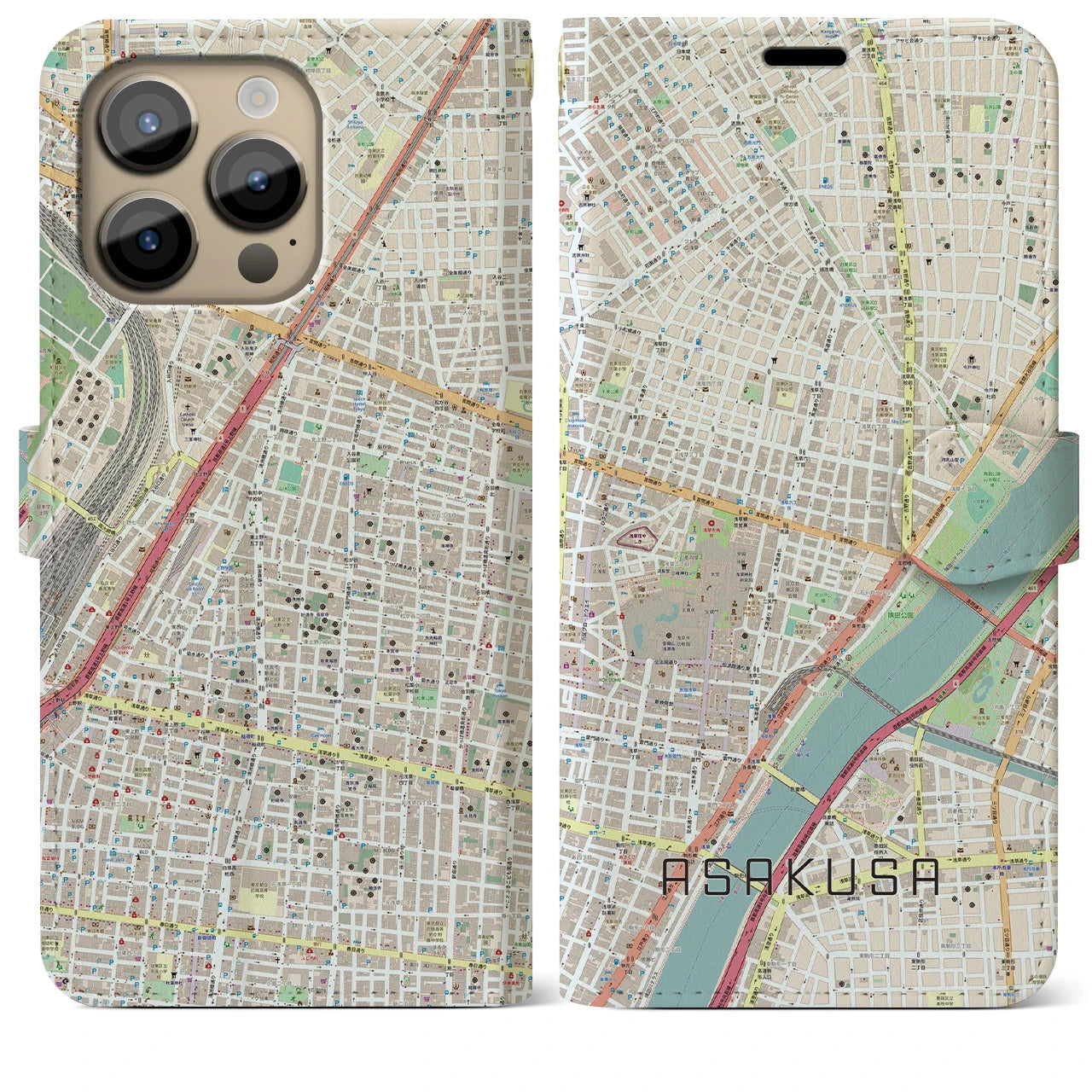 【浅草2】地図柄iPhoneケース（手帳両面タイプ・ナチュラル）iPhone 14 Pro Max 用