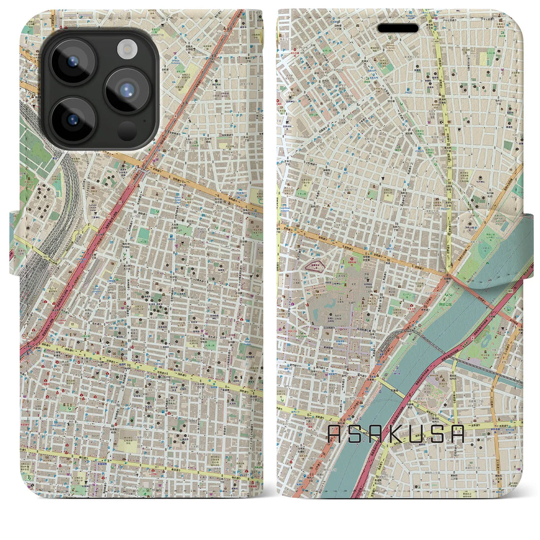 【浅草2】地図柄iPhoneケース（手帳両面タイプ・ナチュラル）iPhone 15 Pro Max 用