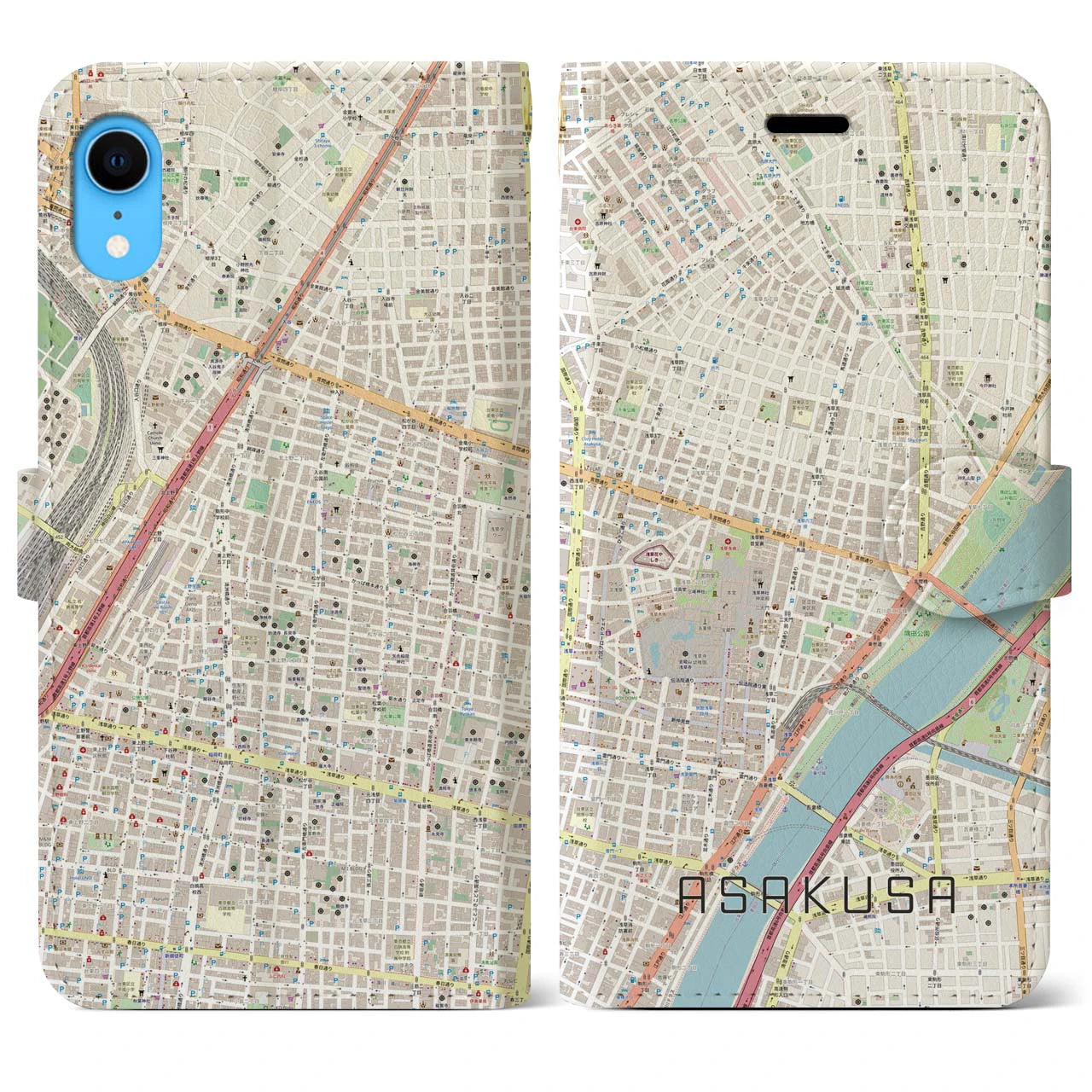 【浅草2】地図柄iPhoneケース（手帳両面タイプ・ナチュラル）iPhone XR 用