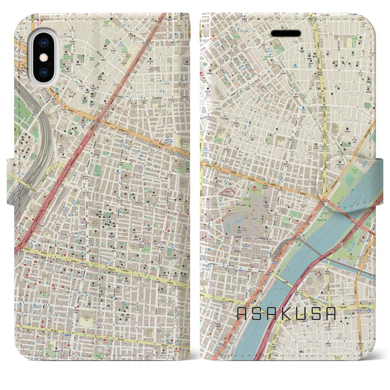 【浅草2】地図柄iPhoneケース（手帳両面タイプ・ナチュラル）iPhone XS Max 用