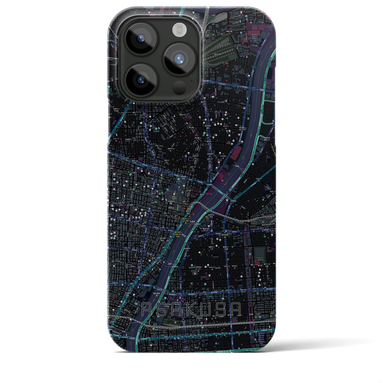 【浅草】地図柄iPhoneケース（バックカバータイプ・ブラック）iPhone 15 Pro Max 用
