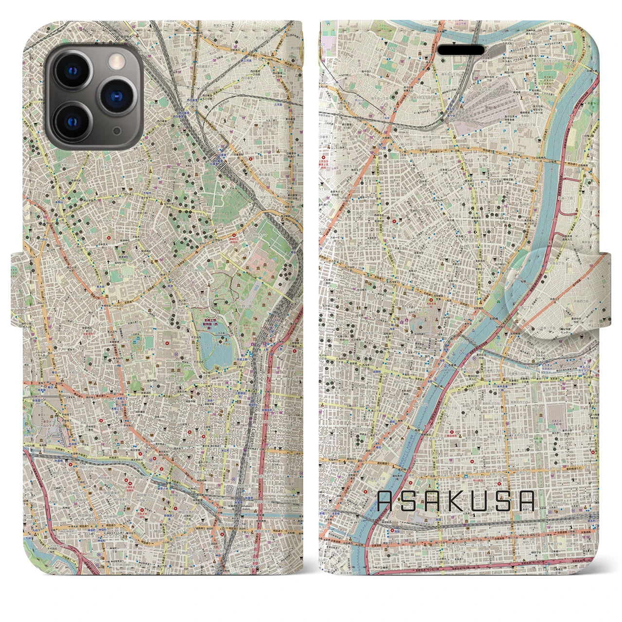 【浅草】地図柄iPhoneケース（手帳両面タイプ・ナチュラル）iPhone 11 Pro Max 用