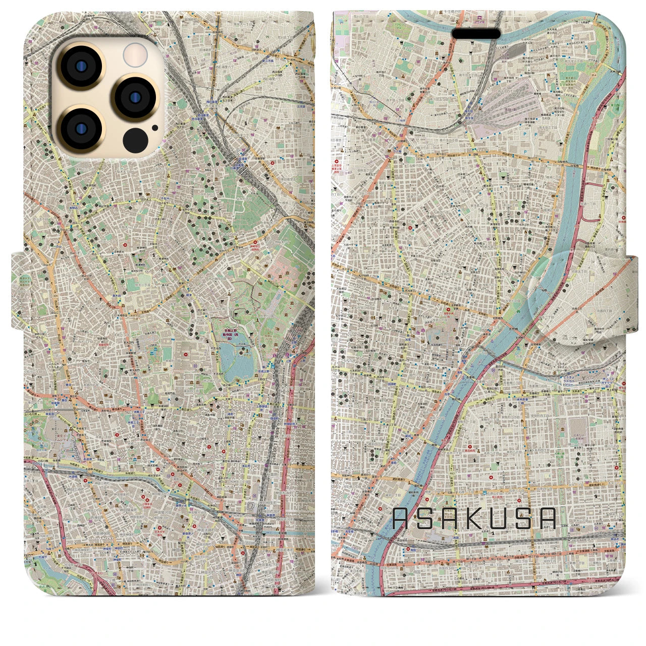 【浅草】地図柄iPhoneケース（手帳両面タイプ・ナチュラル）iPhone 12 Pro Max 用