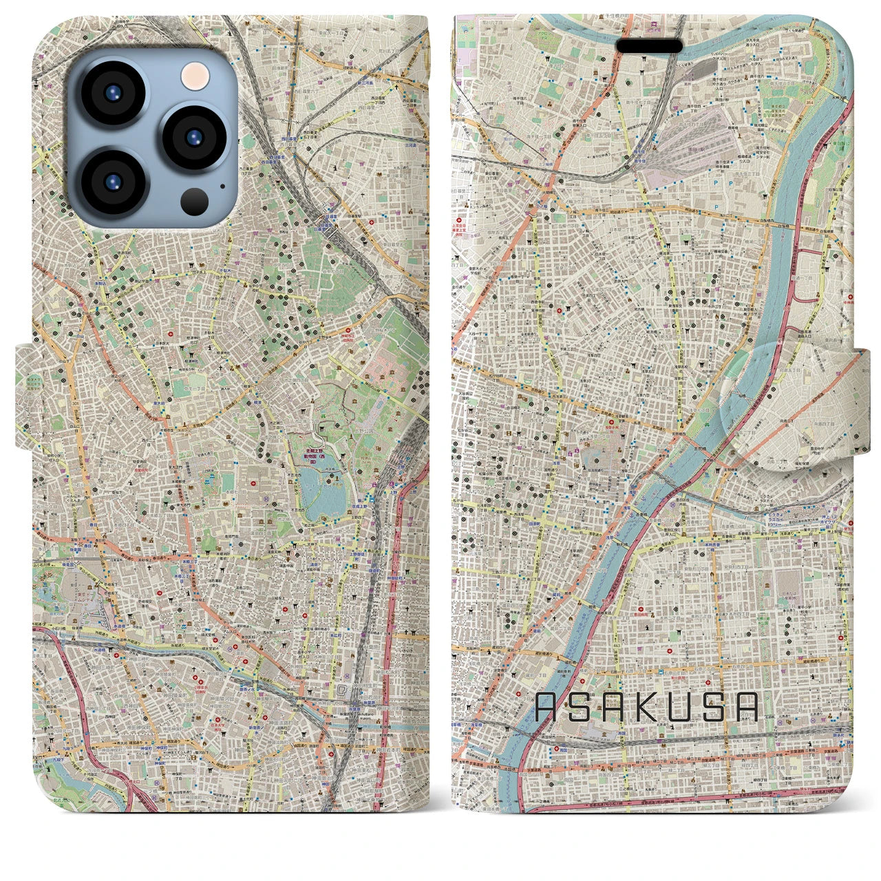 【浅草】地図柄iPhoneケース（手帳両面タイプ・ナチュラル）iPhone 13 Pro Max 用