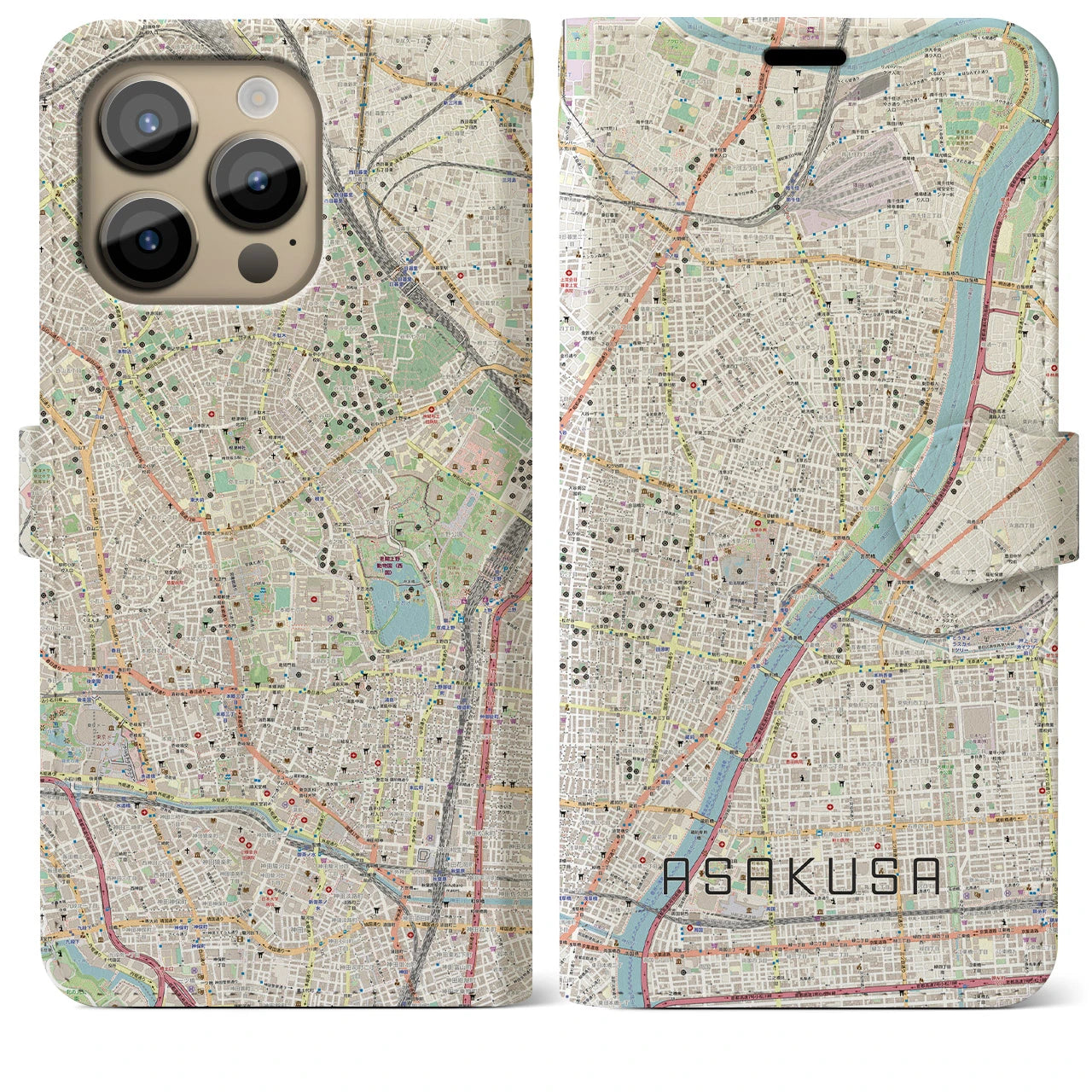 【浅草】地図柄iPhoneケース（手帳両面タイプ・ナチュラル）iPhone 14 Pro Max 用