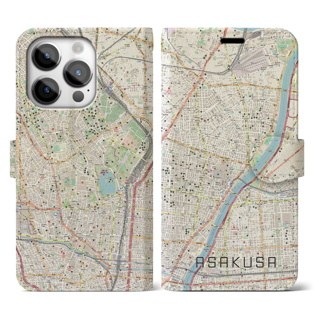 【浅草】地図柄iPhoneケース（手帳両面タイプ・ナチュラル）iPhone 14 Pro 用