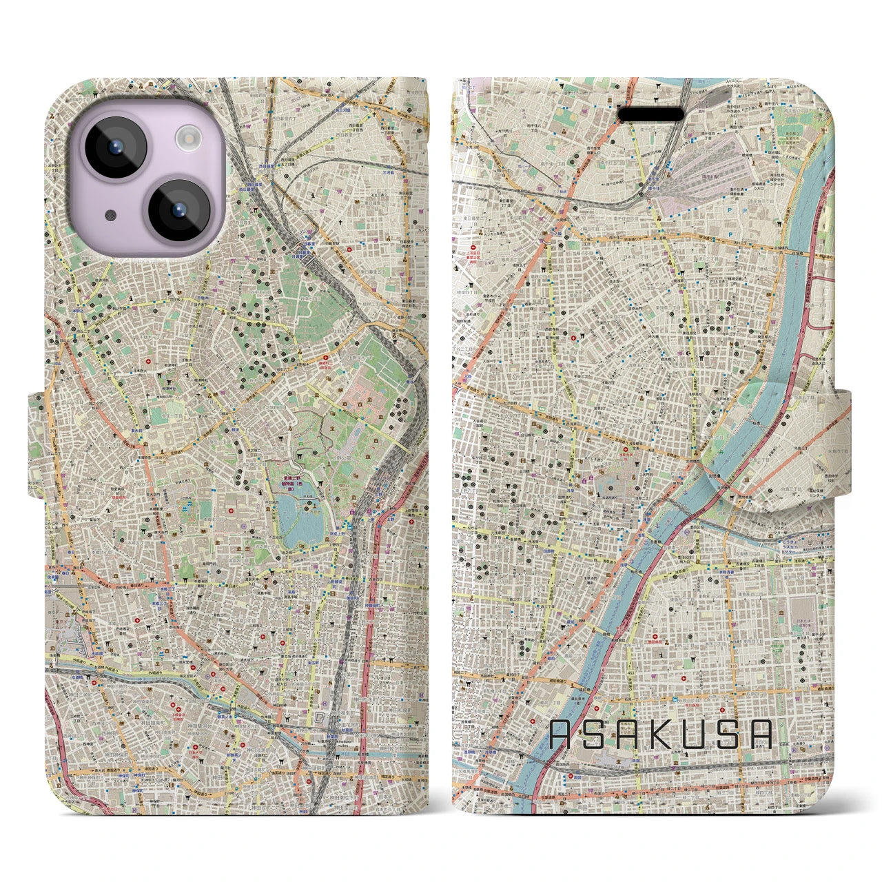 【浅草】地図柄iPhoneケース（手帳両面タイプ・ナチュラル）iPhone 14 用