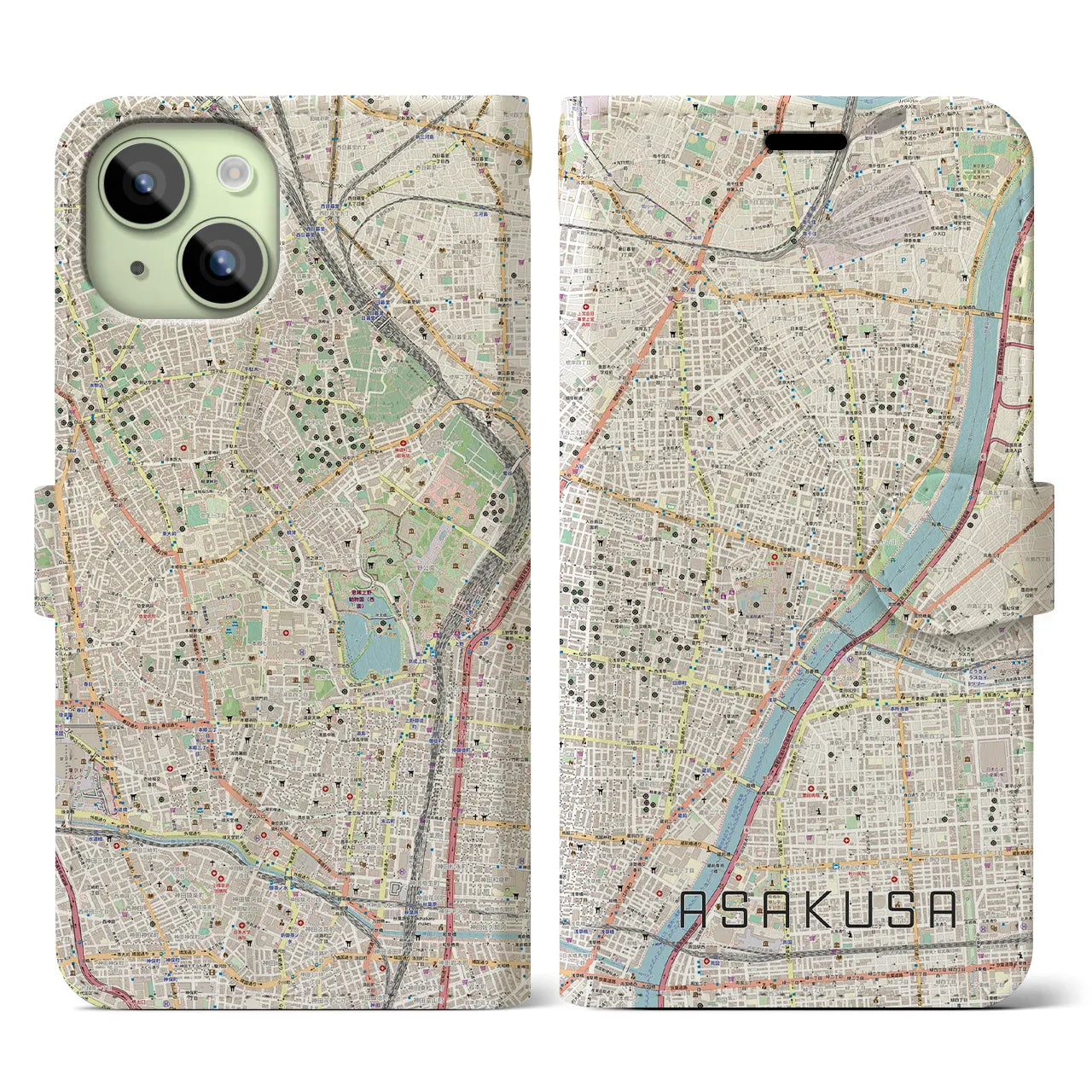 【浅草】地図柄iPhoneケース（手帳両面タイプ・ナチュラル）iPhone 15 用