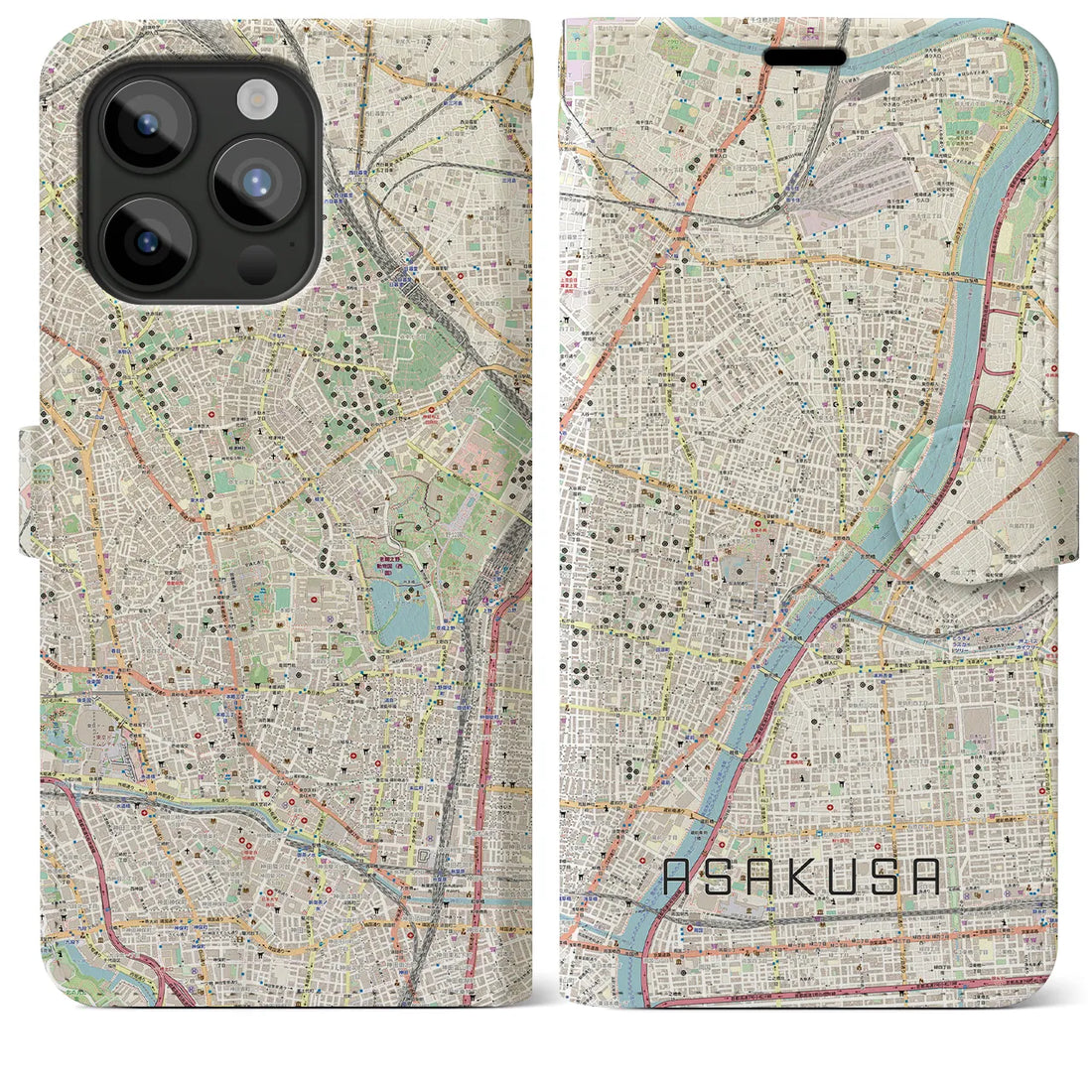 【浅草】地図柄iPhoneケース（手帳両面タイプ・ナチュラル）iPhone 15 Pro Max 用