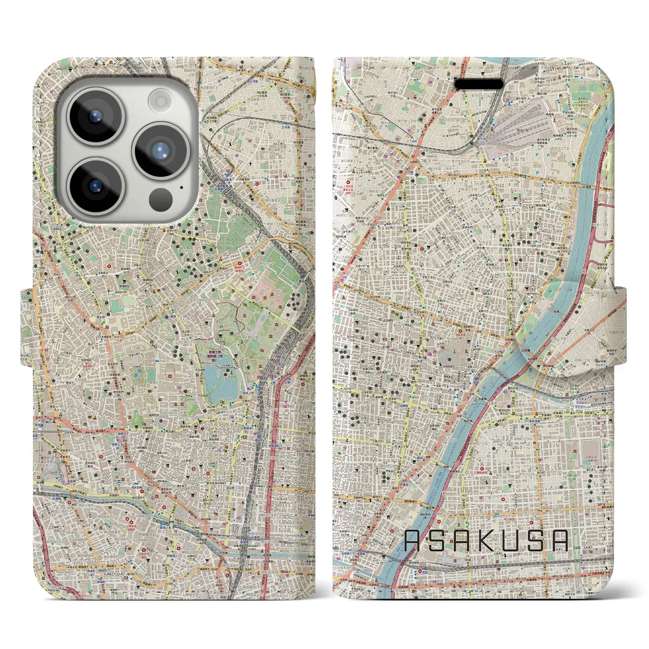 【浅草】地図柄iPhoneケース（手帳両面タイプ・ナチュラル）iPhone 15 Pro 用
