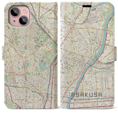 【浅草（東京都）】地図柄iPhoneケース（手帳タイプ）ナチュラル・iPhone 15 Plus 用