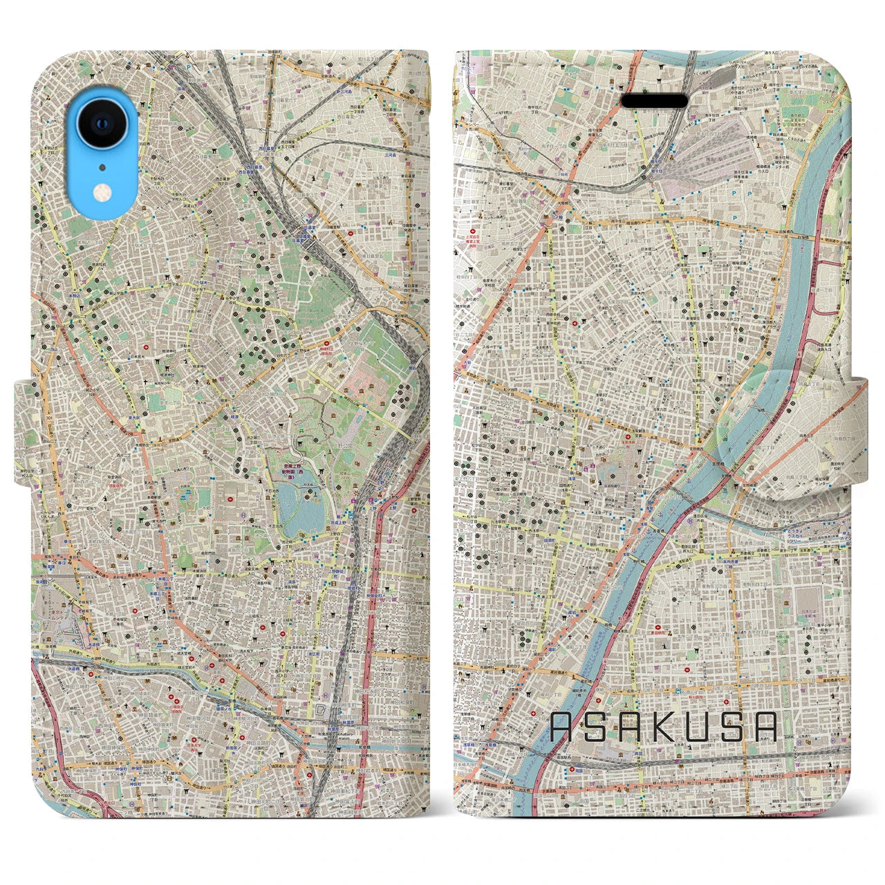 【浅草】地図柄iPhoneケース（手帳両面タイプ・ナチュラル）iPhone XR 用