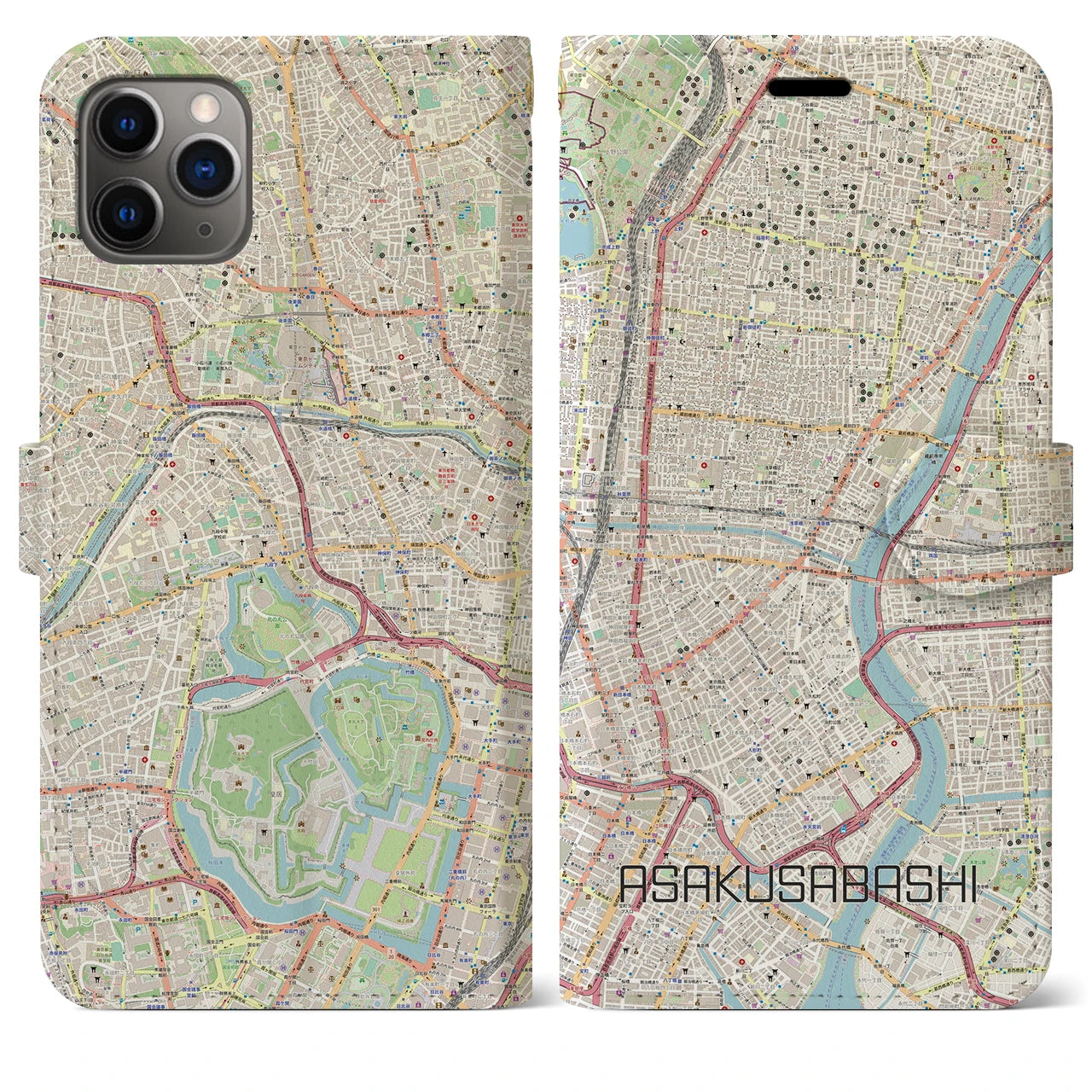 【浅草橋】地図柄iPhoneケース（手帳両面タイプ・ナチュラル）iPhone 11 Pro Max 用