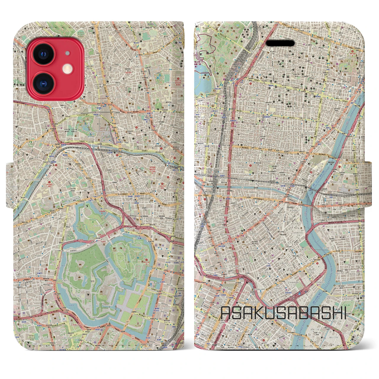 【浅草橋】地図柄iPhoneケース（手帳両面タイプ・ナチュラル）iPhone 11 用