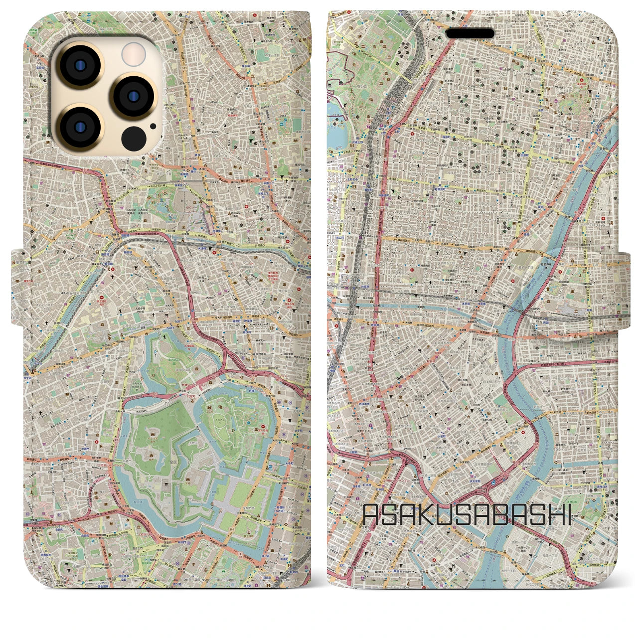 【浅草橋】地図柄iPhoneケース（手帳両面タイプ・ナチュラル）iPhone 12 Pro Max 用