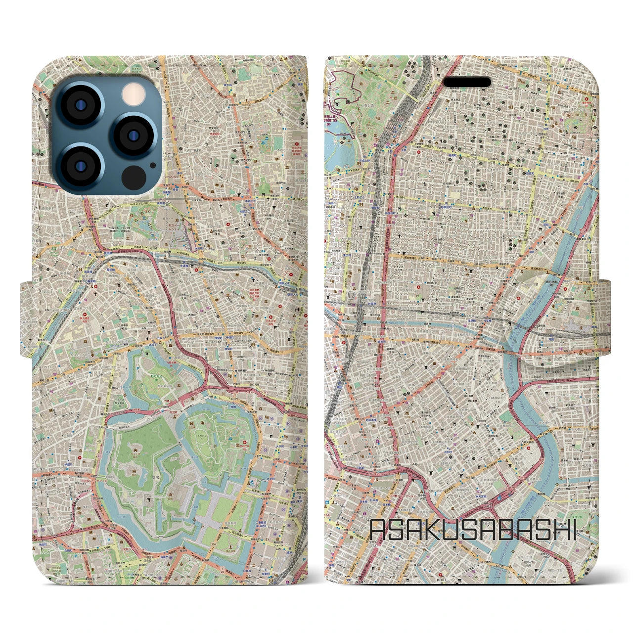 【浅草橋】地図柄iPhoneケース（手帳両面タイプ・ナチュラル）iPhone 12 / 12 Pro 用