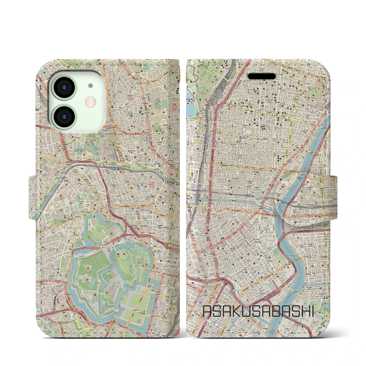 【浅草橋】地図柄iPhoneケース（手帳両面タイプ・ナチュラル）iPhone 12 mini 用