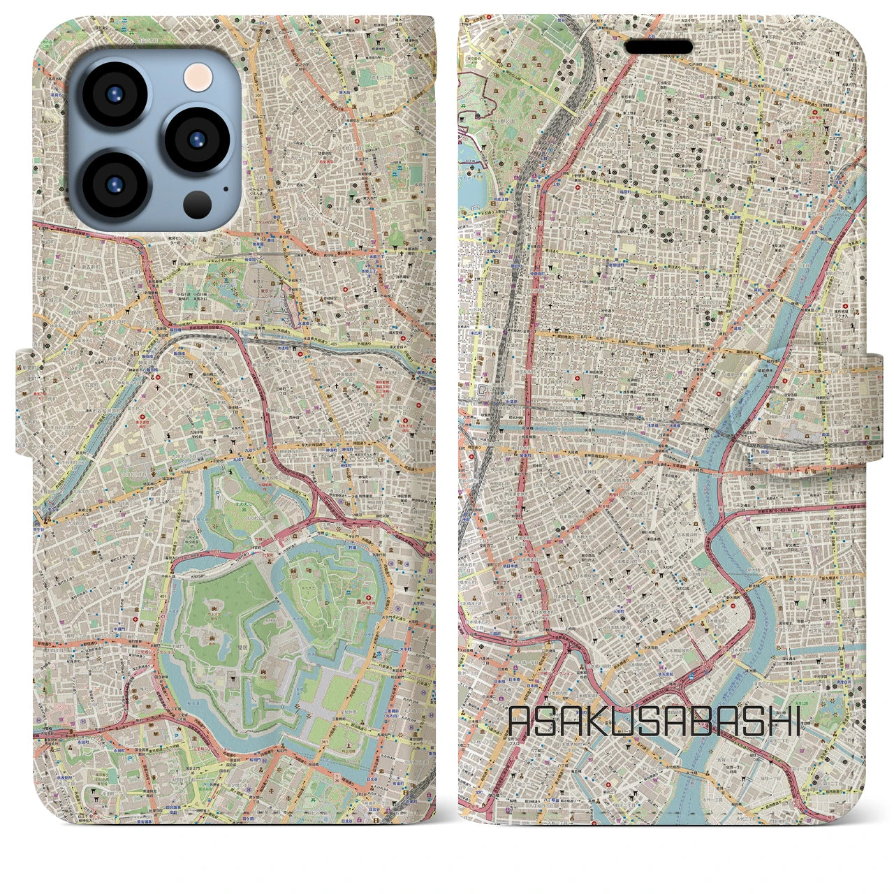 【浅草橋】地図柄iPhoneケース（手帳両面タイプ・ナチュラル）iPhone 13 Pro Max 用