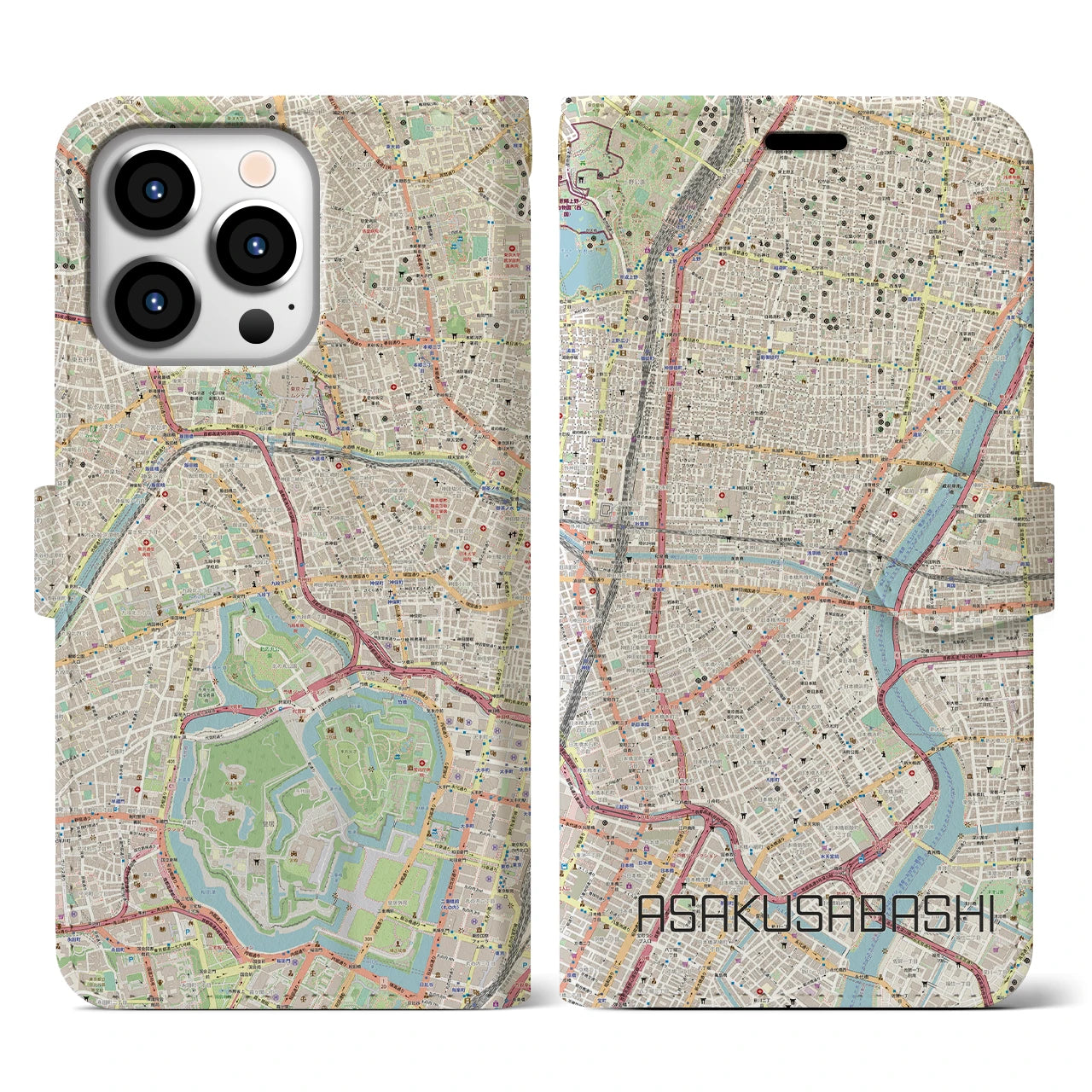 【浅草橋】地図柄iPhoneケース（手帳両面タイプ・ナチュラル）iPhone 13 Pro 用