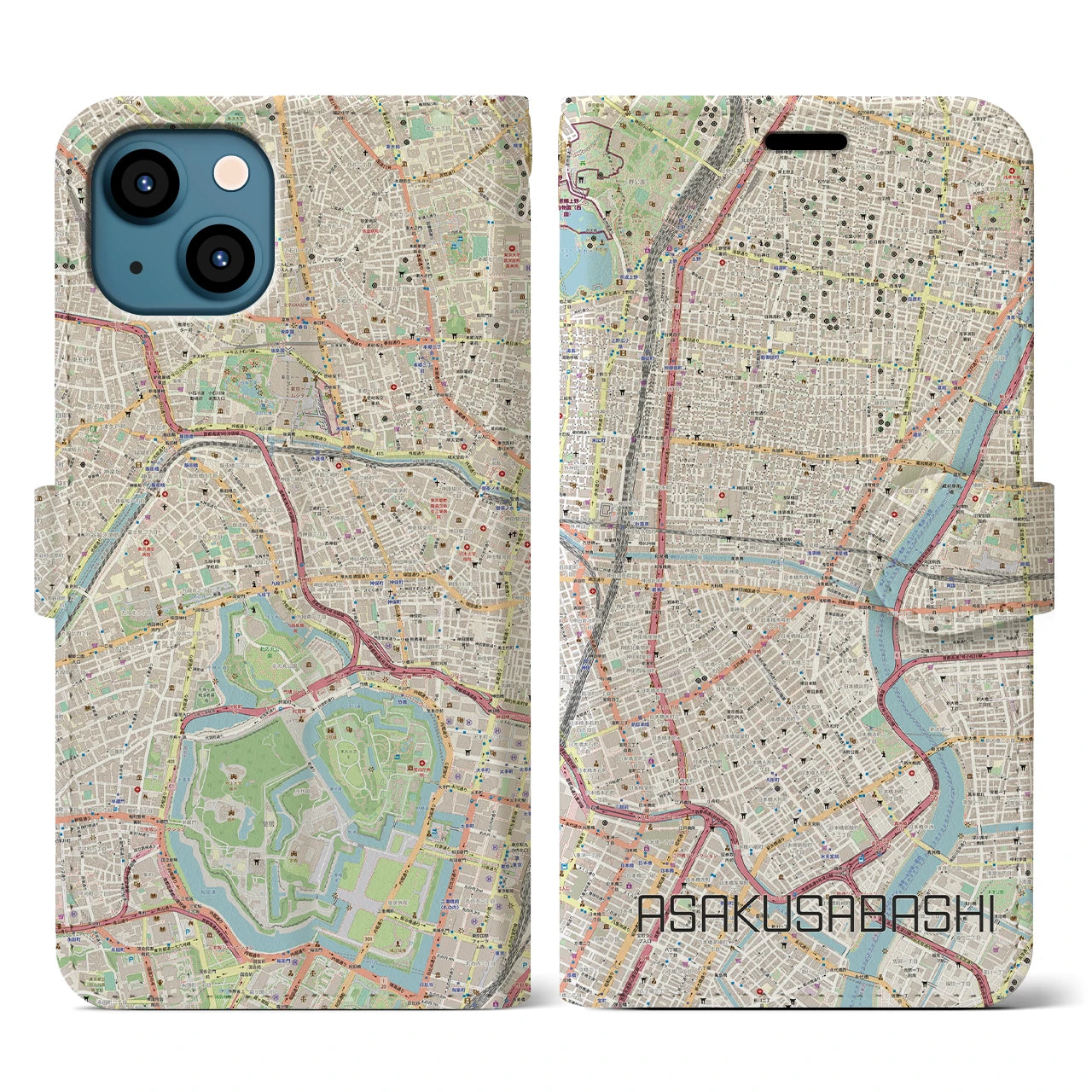 【浅草橋】地図柄iPhoneケース（手帳両面タイプ・ナチュラル）iPhone 13 用