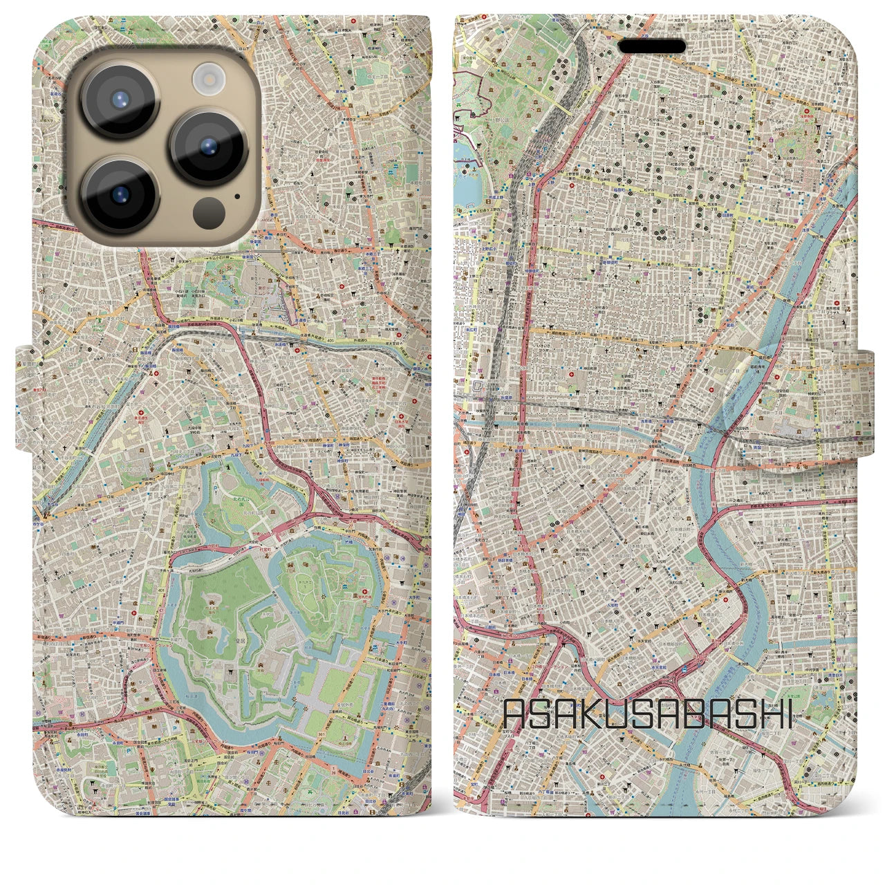 【浅草橋】地図柄iPhoneケース（手帳両面タイプ・ナチュラル）iPhone 14 Pro Max 用