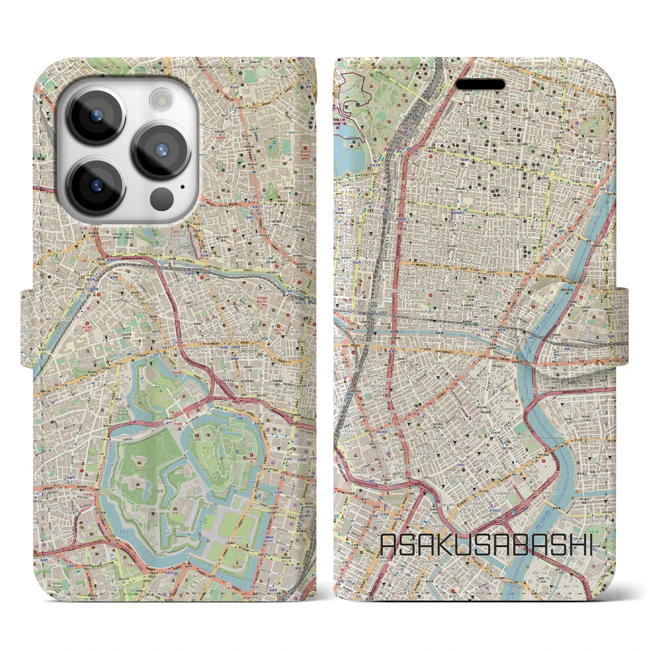 【浅草橋】地図柄iPhoneケース（手帳両面タイプ・ナチュラル）iPhone 14 Pro 用