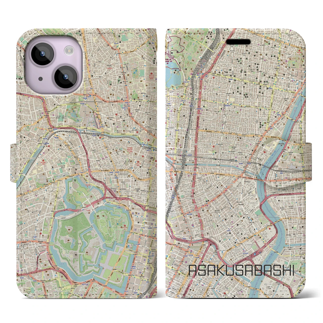 【浅草橋】地図柄iPhoneケース（手帳両面タイプ・ナチュラル）iPhone 14 用