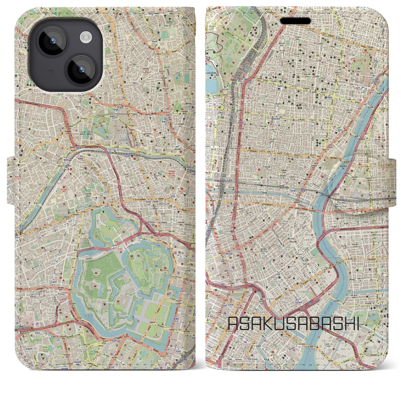 【浅草橋】地図柄iPhoneケース（手帳両面タイプ・ナチュラル）iPhone 14 Plus 用