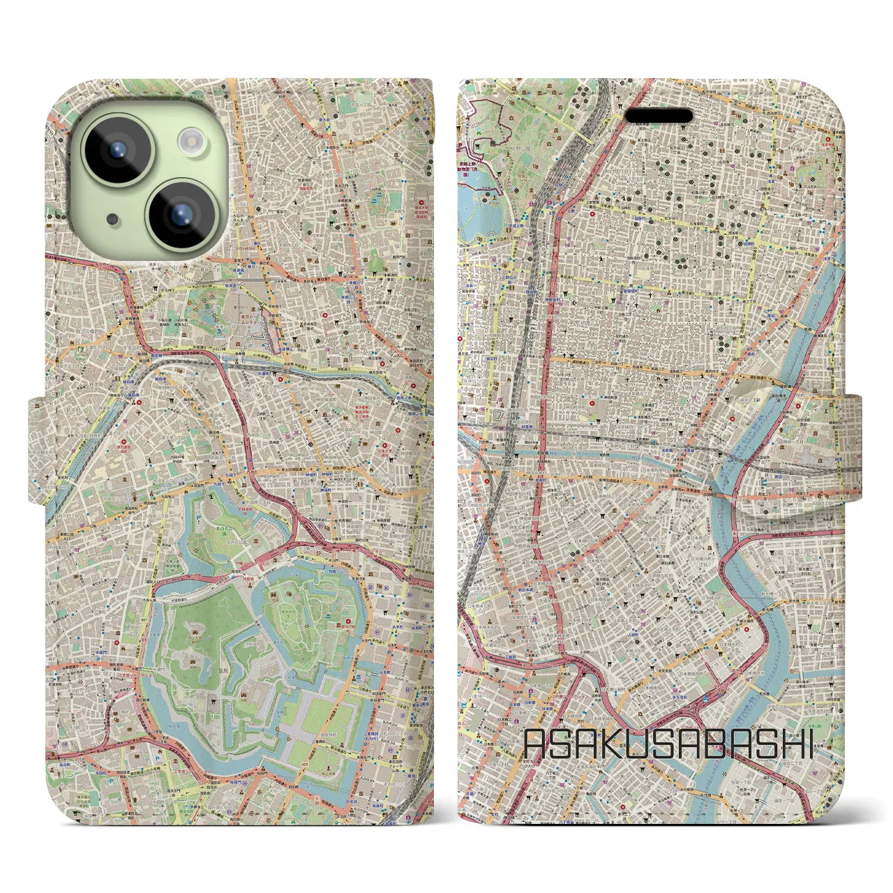 【浅草橋】地図柄iPhoneケース（手帳両面タイプ・ナチュラル）iPhone 15 用