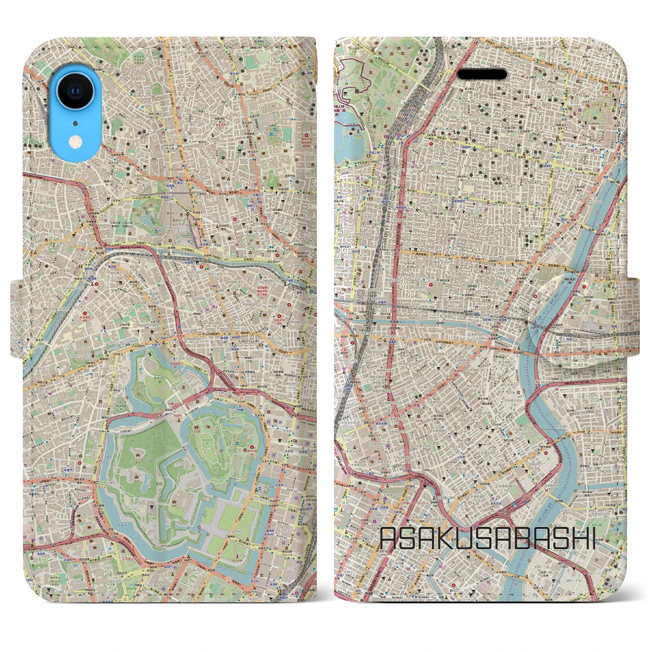 【浅草橋】地図柄iPhoneケース（手帳両面タイプ・ナチュラル）iPhone XR 用